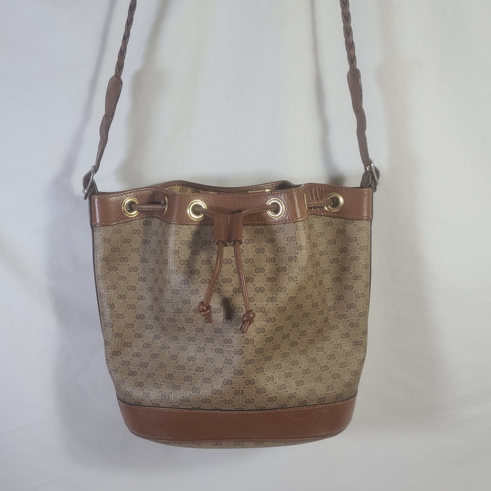 Gucci Vintage Women's Coated Canvas Leather Drawstring Bucket Bag Purse
